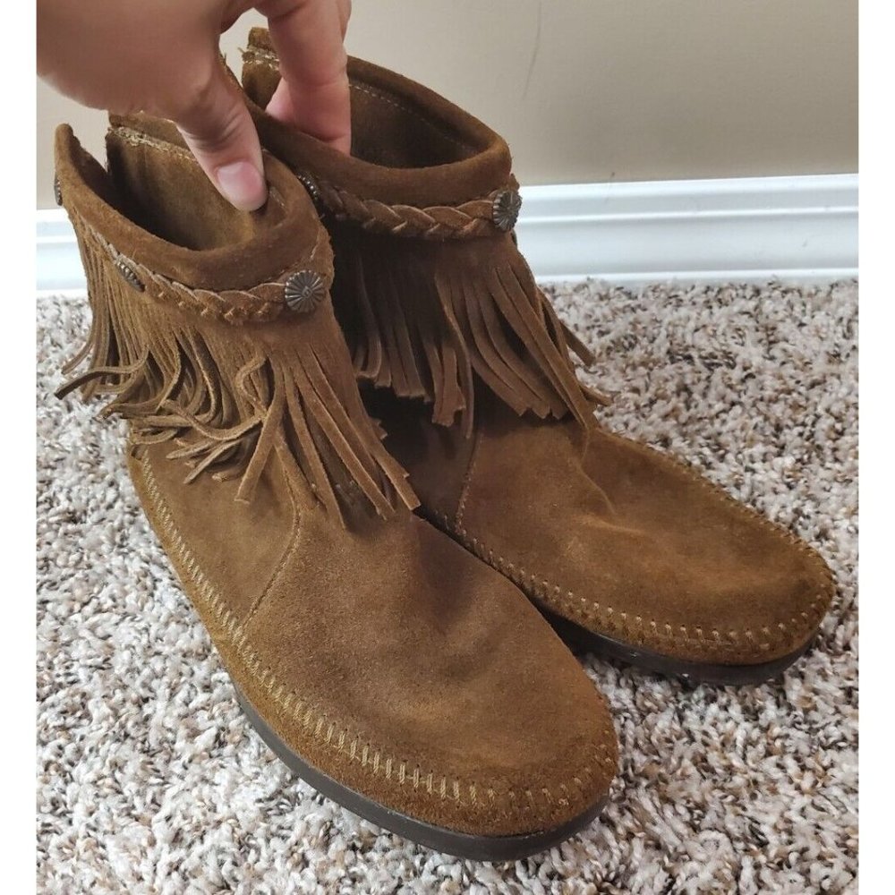 Minnetonka Brown Leather Tassel Ankle Boots Sz 10